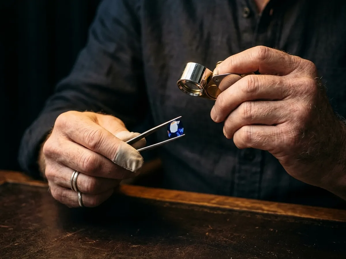 A hand examining a loose sapphire under light