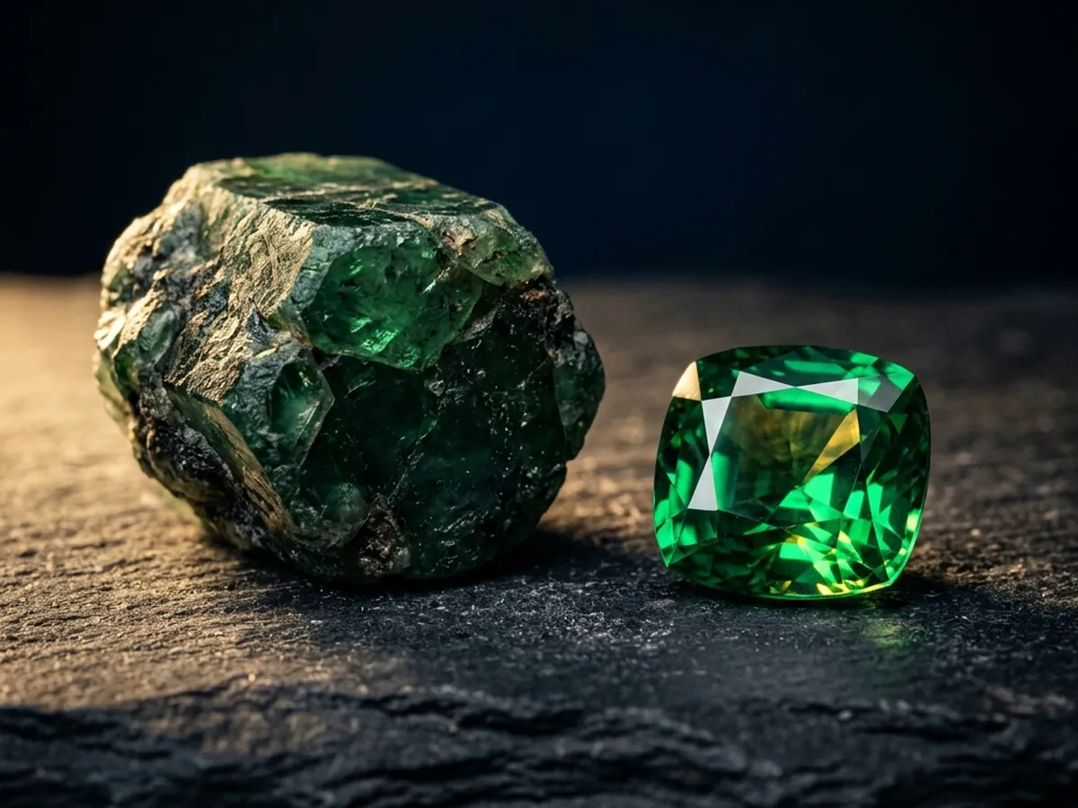 Rough emerald crystal beside a cut stone